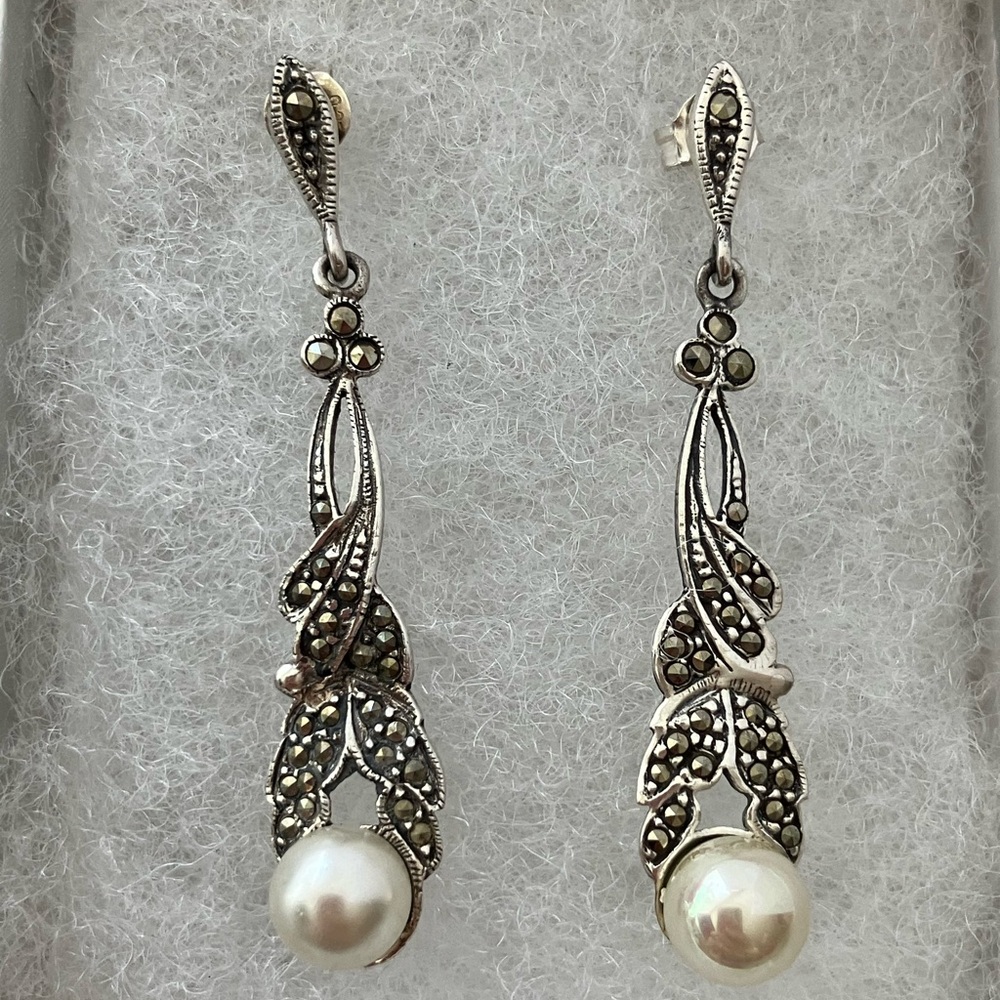 Sterling Silver Marcasite Pearl Dangle Earrings